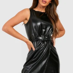 Bodycon-Kleid Mit Wickeldesign Und PU-Gürtel