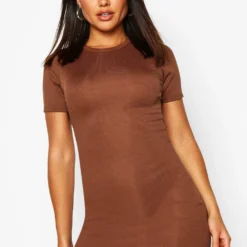 Geripptes Basic Rundhals Bodycon-Kleid