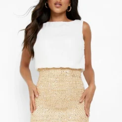 2-in-1 Bodycon-Kleid Mit Chiffon-Oberteil Und Pailletten-Rock -Diven Stil Verkaufsgeschäft dzz79079 ivory xl 3