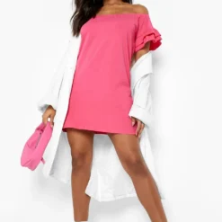Kurzarm Bardot-Kleid Mit Rüschensaum -Diven Stil Verkaufsgeschäft fzz07816 hot20pink xl 2
