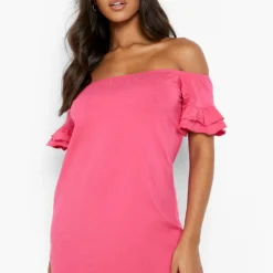 Kurzarm Bardot-Kleid Mit Rüschensaum -Diven Stil Verkaufsgeschäft fzz07816 hot20pink xl 3