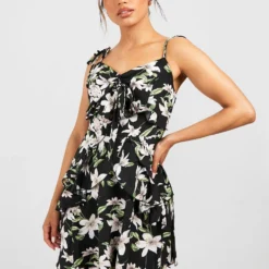 Florales, Gestuftes Rüschen-Kleid Mit Zierknoten -Diven Stil Verkaufsgeschäft fzz09411 black xl 2