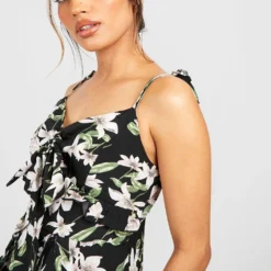 Florales, Gestuftes Rüschen-Kleid Mit Zierknoten -Diven Stil Verkaufsgeschäft fzz09411 black xl 3