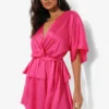 Kurzärmliges Satin Skater-Kleid Mit Gürtel 2 Kurzärmliges Satin Skater-Kleid Mit Gürtel -Diven Stil Verkaufsgeschäft fzz18395 hot20pink xl