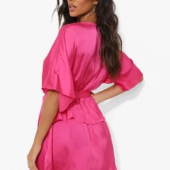 Kurzärmliges Satin Skater-Kleid Mit Gürtel -Diven Stil Verkaufsgeschäft fzz18395 hot20pink xl 1