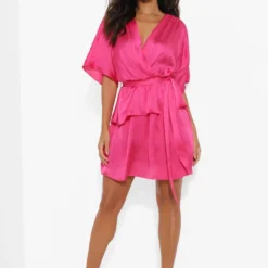 Kurzärmliges Satin Skater-Kleid Mit Gürtel -Diven Stil Verkaufsgeschäft fzz18395 hot20pink xl 2