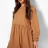 Smok-Kleid Mit Fledermaus-Puffärmeln -Diven Stil Verkaufsgeschäft fzz24387 tan xl