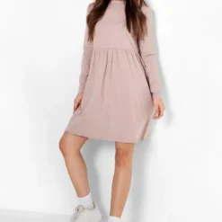 Langärmliges Rundhals Smok-Kleid -Diven Stil Verkaufsgeschäft fzz24397 dusty20rose xl 2