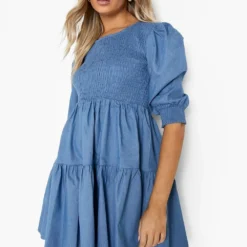 Gerafftes Smok-Kleid Mit Puffärmeln -Diven Stil Verkaufsgeschäft fzz39831 mid20blue xl 3