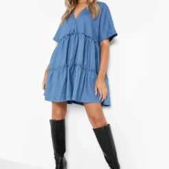 Smok-Kleid Mit V-Ausschnitt Und Knopfleiste -Diven Stil Verkaufsgeschäft fzz39835 mid20blue xl 2
