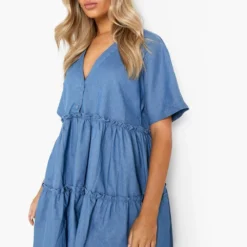 Smok-Kleid Mit V-Ausschnitt Und Knopfleiste -Diven Stil Verkaufsgeschäft fzz39835 mid20blue xl 3