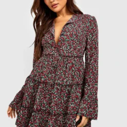 Florales Gestuftes Smok-Kleid -Diven Stil Verkaufsgeschäft fzz53956 black xl 2