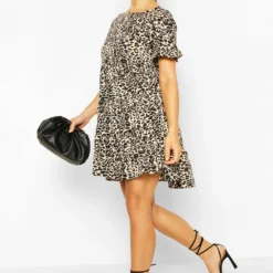 Leopardenprint Smok-Kleid Mit Puffärmeln