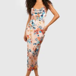 Florales Satin Slip-Kleid Mit Wasserfallausschnitt