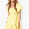 Gerafftes Gestuftes Smok-Kleid Mit Puffärmeln -Diven Stil Verkaufsgeschäft gzz01977 lemon xl