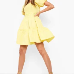 Gerafftes Gestuftes Smok-Kleid Mit Puffärmeln -Diven Stil Verkaufsgeschäft gzz01977 lemon xl 2