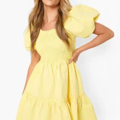 Gerafftes Gestuftes Smok-Kleid Mit Puffärmeln -Diven Stil Verkaufsgeschäft gzz01977 lemon xl 3