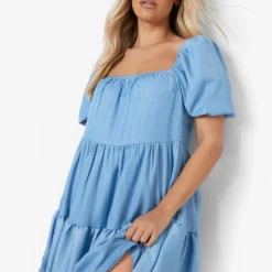 Plus Smok-Kleid Mit Geradem Ausschnitt 9 Plus Smok-Kleid Mit Geradem Ausschnitt -Diven Stil Verkaufsgeschäft gzz03018 denim blue xl 3