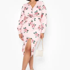 Plus Florales Kleid Mit Twist Vorne -Diven Stil Verkaufsgeschäft gzz05363 pink xl 2
