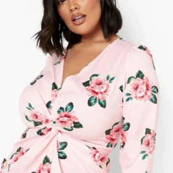 Plus Florales Kleid Mit Twist Vorne -Diven Stil Verkaufsgeschäft gzz05363 pink xl 3