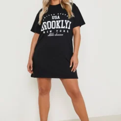 Plus Oversize T-Shirt Kleid Mit Brooklyn Slogan -Diven Stil Verkaufsgeschäft gzz12811 black xl 2
