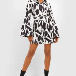 Tall Hemd-Kleid Mit Weiten Ärmeln Und Monochromem Print -Diven Stil Verkaufsgeschäft gzz15497 black xl 2