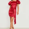 Satin-Kleid Mit Gerafftem Detail Und Puffärmeln -Diven Stil Verkaufsgeschäft gzz15706 berry xl