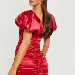 Satin-Kleid Mit Gerafftem Detail Und Puffärmeln -Diven Stil Verkaufsgeschäft gzz15706 berry xl 1