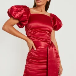 Satin-Kleid Mit Gerafftem Detail Und Puffärmeln -Diven Stil Verkaufsgeschäft gzz15706 berry xl 2