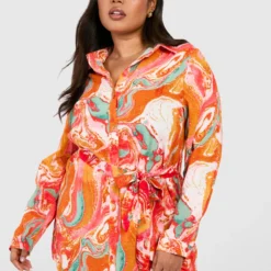 Plus Hemd-Kleid Mit Marmor-Effekt