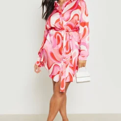 Plus Hemd-Kleid Mit Abstraktem Print -Diven Stil Verkaufsgeschäft gzz17128 pink xl 2