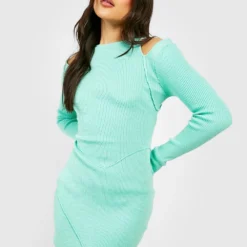Geripptes Premium Cut-Out Strick-Kleid Mit Knöpfen -Diven Stil Verkaufsgeschäft gzz17786 mint xl 2