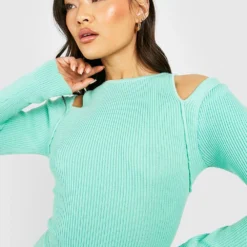 Geripptes Premium Cut-Out Strick-Kleid Mit Knöpfen -Diven Stil Verkaufsgeschäft gzz17786 mint xl 3