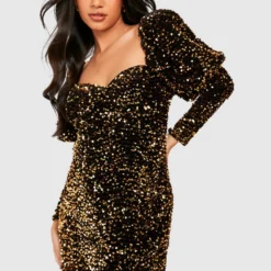 Umstandsmode Samt-Kleid Mit Pailletten Und Puffärmeln -Diven Stil Verkaufsgeschäft gzz17915 bronze xl 2 scaled