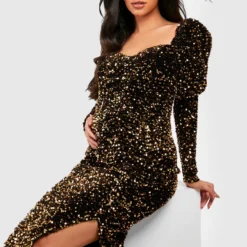 Umstandsmode Samt-Kleid Mit Pailletten Und Puffärmeln -Diven Stil Verkaufsgeschäft gzz17915 bronze xl 3 scaled