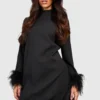 Tall Hochgeschlossenes Kleid Mit Federn-Saum Und Bündchen -Diven Stil Verkaufsgeschäft gzz18858 black xl