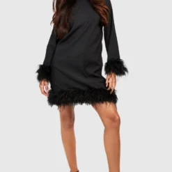 Tall Hochgeschlossenes Kleid Mit Federn-Saum Und Bündchen 8 Tall Hochgeschlossenes Kleid Mit Federn-Saum Und Bündchen -Diven Stil Verkaufsgeschäft gzz18858 black xl 2