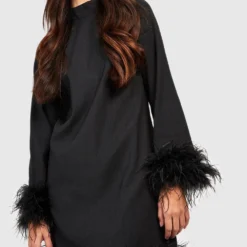 Tall Hochgeschlossenes Kleid Mit Federn-Saum Und Bündchen 9 Tall Hochgeschlossenes Kleid Mit Federn-Saum Und Bündchen -Diven Stil Verkaufsgeschäft gzz18858 black xl 3