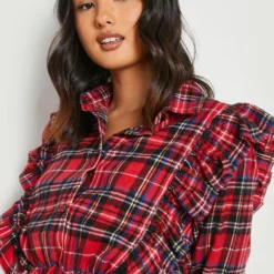 Kariertes Hemd-Kleid Mit Rüschen-Detail -Diven Stil Verkaufsgeschäft gzz22914 red xl 3