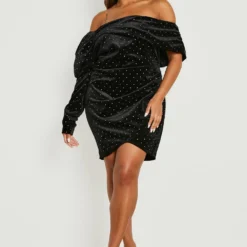 Plus Schulterfreies Bodycon-Kleid Aus Samt Mit Strass