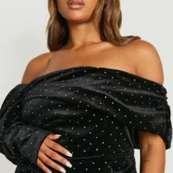 Plus Schulterfreies Bodycon-Kleid Aus Samt Mit Strass 9 Plus Schulterfreies Bodycon-Kleid Aus Samt Mit Strass -Diven Stil Verkaufsgeschäft gzz22937 black xl 3