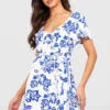 Porzellan-Print Wickel-Kleid Mit Rüschen -Diven Stil Verkaufsgeschäft gzz23876 blue xl