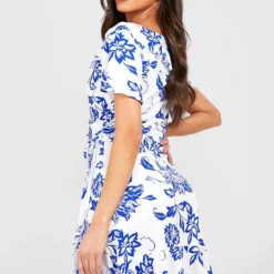 Porzellan-Print Wickel-Kleid Mit Rüschen 7 Porzellan-Print Wickel-Kleid Mit Rüschen -Diven Stil Verkaufsgeschäft gzz23876 blue xl 1