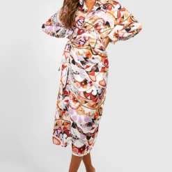 Satin Hemd-Kleid Mit Geteilten Ärmeln Und Abstraktem Print
