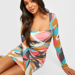 Gerafftes Mesh Bodycon-Kleid Mit Abstraktem Print -Diven Stil Verkaufsgeschäft gzz25378 multi xl 2