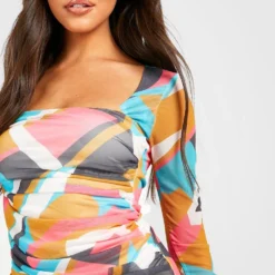 Gerafftes Mesh Bodycon-Kleid Mit Abstraktem Print -Diven Stil Verkaufsgeschäft gzz25378 multi xl 3