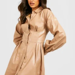Hemd-Kleid Im Leder-Look Mit Korsett-Detail