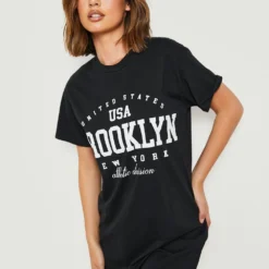 Oversize T-Shirt-Kleid Mit Brooklyn-Slogan -Diven Stil Verkaufsgeschäft gzz26573 black xl 2