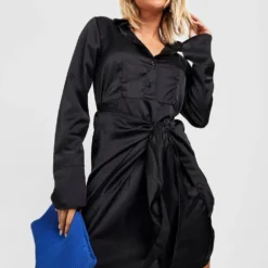 Satin Hemd-Kleid Mit Knoten Vorne -Diven Stil Verkaufsgeschäft gzz27957 black xl 2