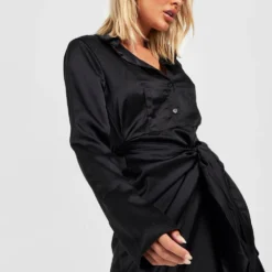 Satin Hemd-Kleid Mit Knoten Vorne -Diven Stil Verkaufsgeschäft gzz27957 black xl 3